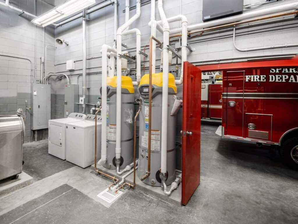 Upgraded mechanical room and utility infrastructure at Sparks Fire Station #1 renovated by Reyman Construction in Sparks Nevada